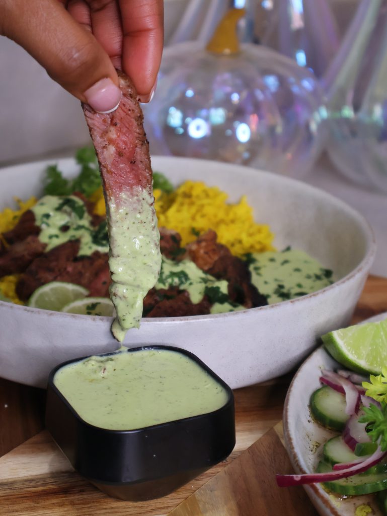 CookjngMama - Peruvian Steak Dinner with Yellow Rice and Aji Verde